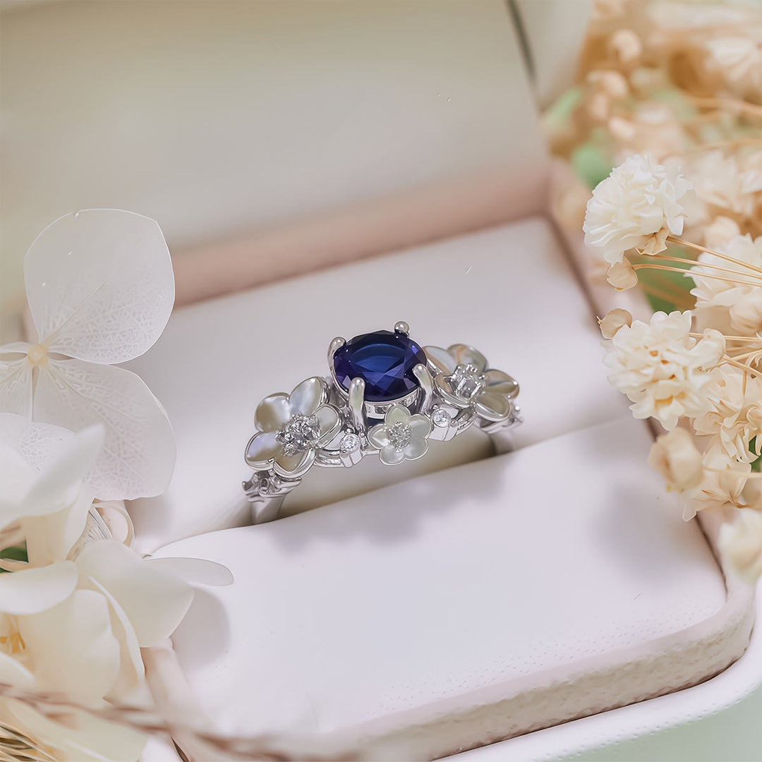 Olivenorma"Blooming Flowers" Sapphire Obsidian White Zircon Ring - image 7