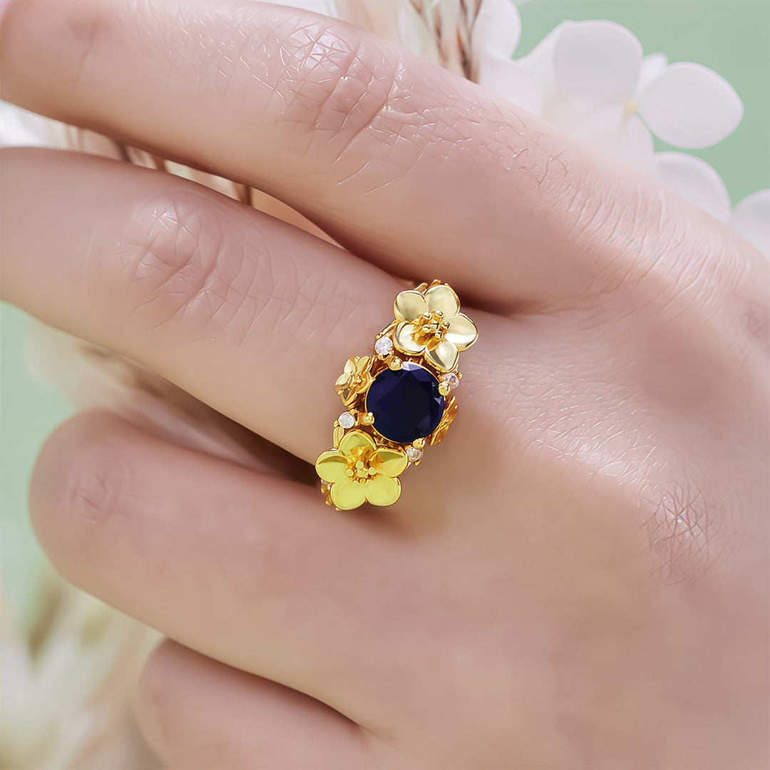 Olivenorma"Blooming Flowers" Sapphire Obsidian White Zircon Ring - image 10