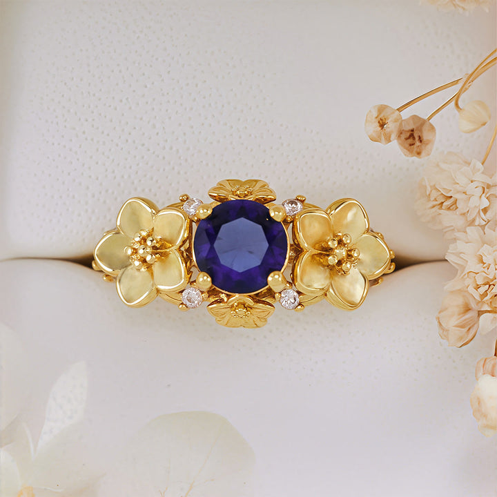 Olivenorma"Blooming Flowers" Sapphire Obsidian White Zircon Ring - image 11