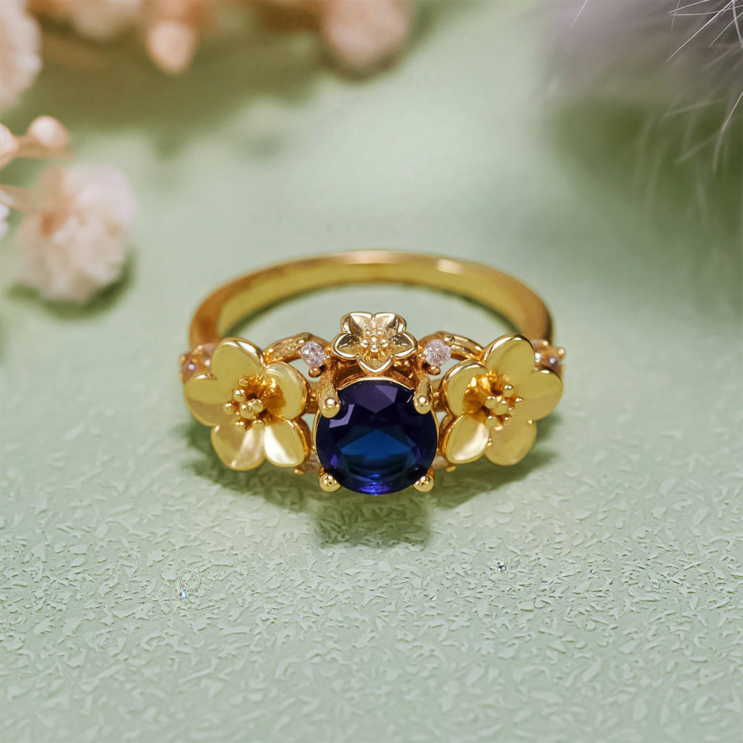 Olivenorma"Blooming Flowers" Sapphire Obsidian White Zircon Ring - image 13