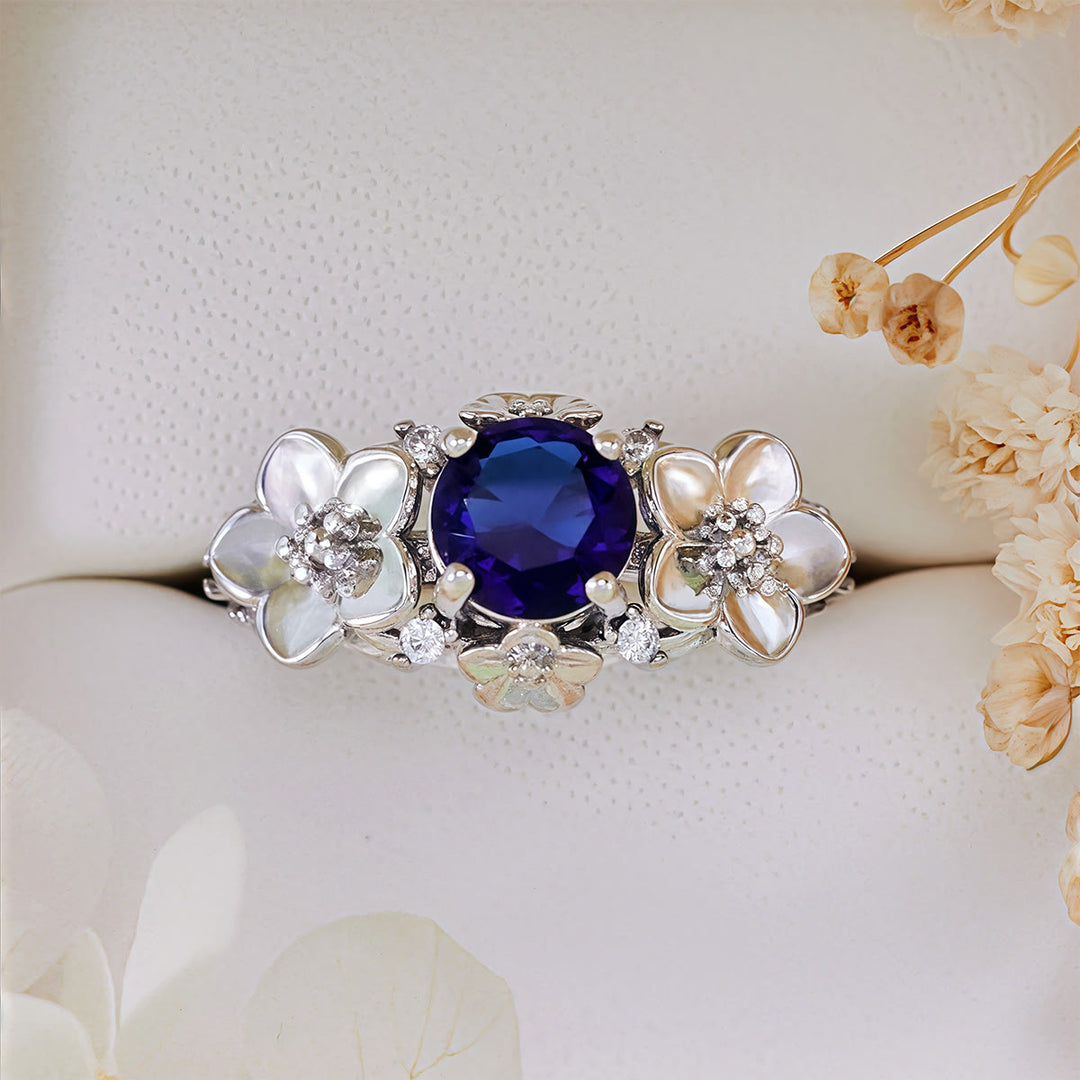 Olivenorma"Blooming Flowers" Sapphire Obsidian White Zircon Ring - image 3