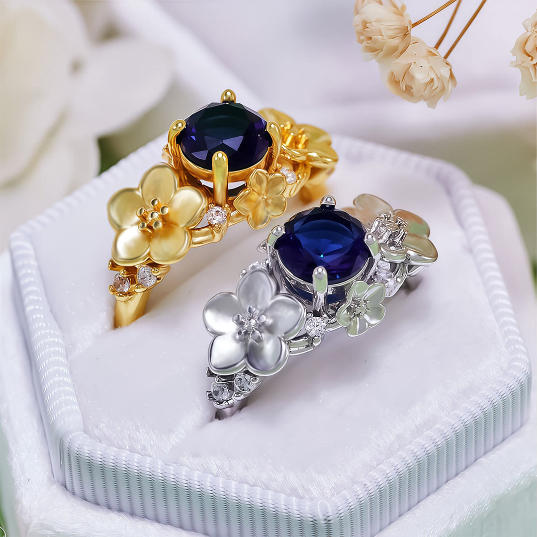 Olivenorma"Blooming Flowers" Sapphire Obsidian White Zircon Ring - image 8
