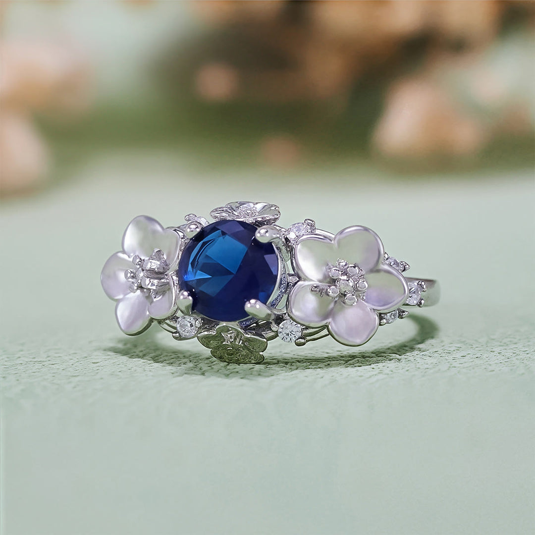 Olivenorma"Blooming Flowers" Sapphire Obsidian White Zircon Ring - image 4