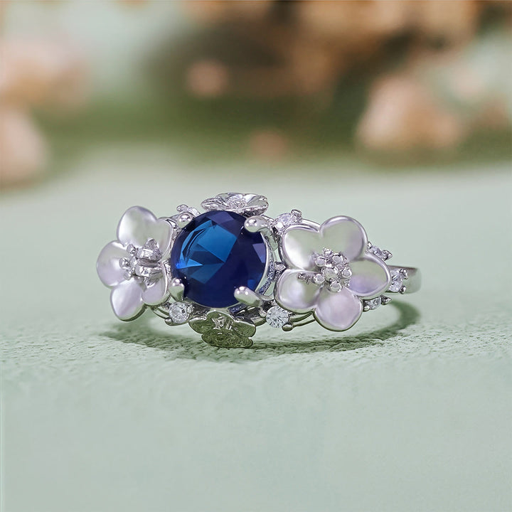 Olivenorma"Blooming Flowers" Sapphire Obsidian White Zircon Ring - image 4