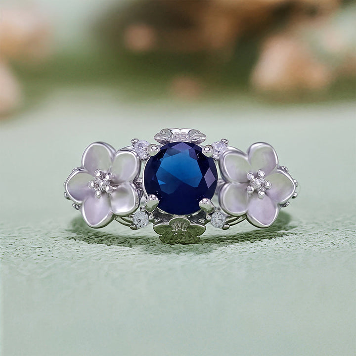 Olivenorma"Blooming Flowers" Sapphire Obsidian White Zircon Ring - Silver - US 10 - image 1