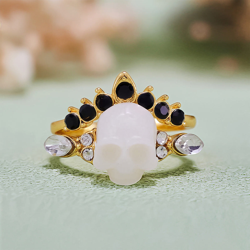 Olivenorma Gothic Resin skull and Moissanite Crown Ring Set - Gold - US 10 - image 1