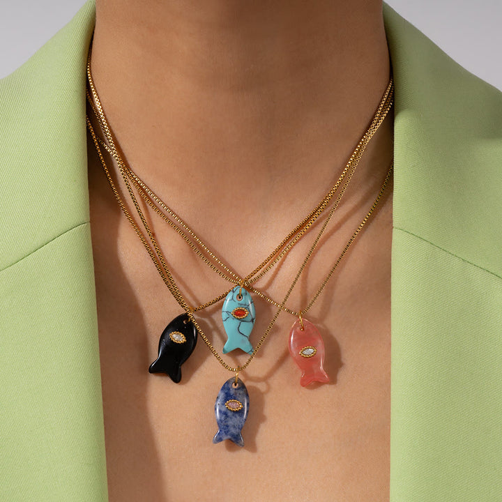 Olivenorma Natural Stone Cut Fish Shape Pendant Necklace - image 20