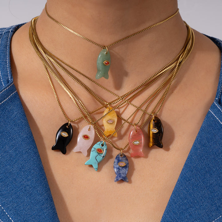 Olivenorma Natural Stone Cut Fish Shape Pendant Necklace - image 17