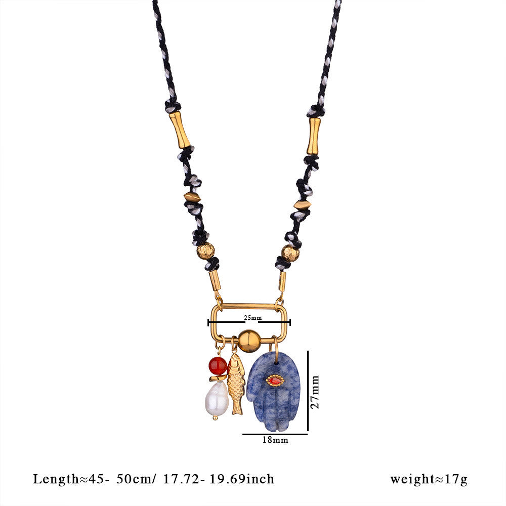 Olivenorma Natural Stone Hamsa Pendant Colored Rope Necklace - Blue Sodalite & Freshwater Pearl - image 1