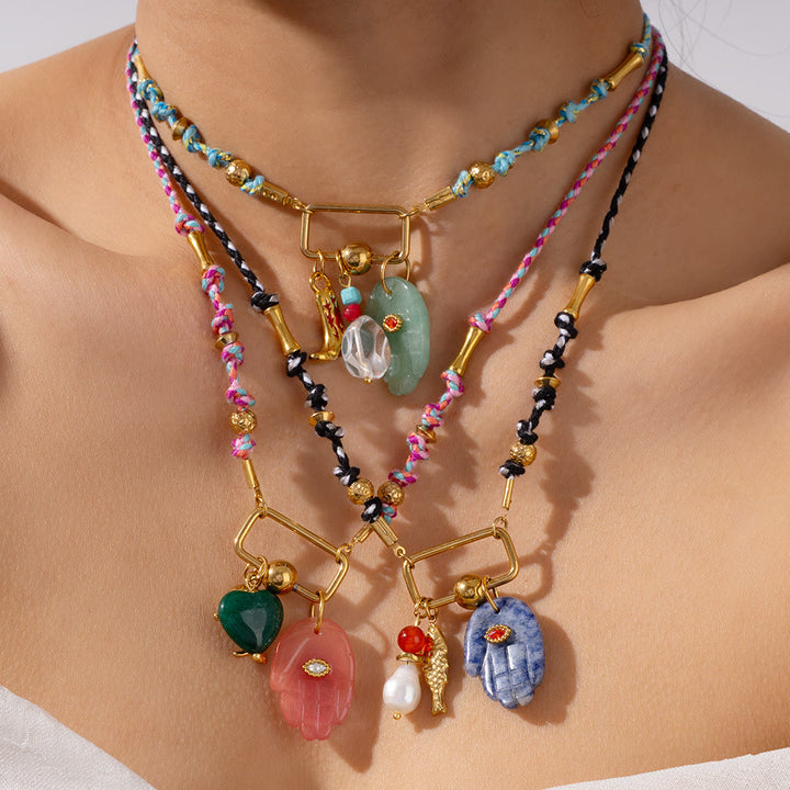 Olivenorma Natural Stone Hamsa Pendant Colored Rope Necklace - image 0