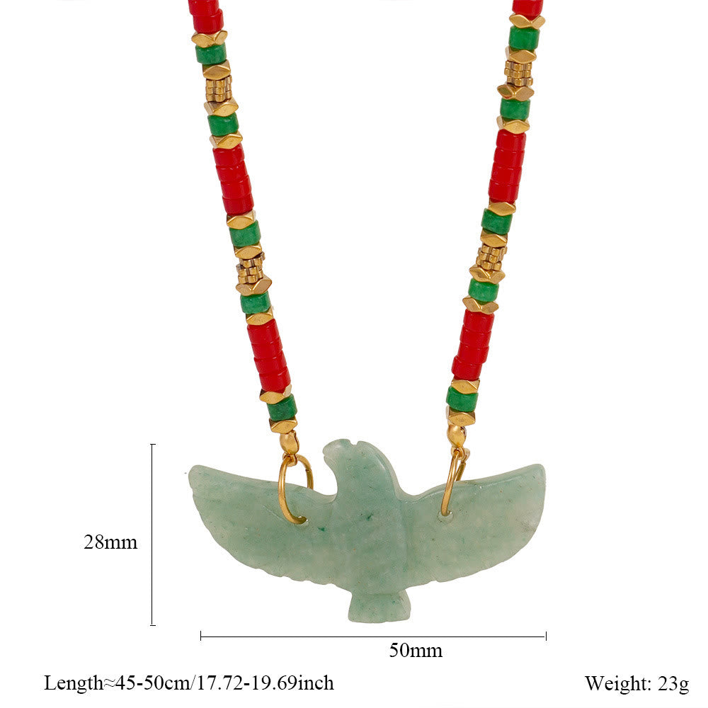 Olivenorma Natural Stone Eagle Carving Pendant Beaded Necklace - Green Aventurine & Red Coral - image 1