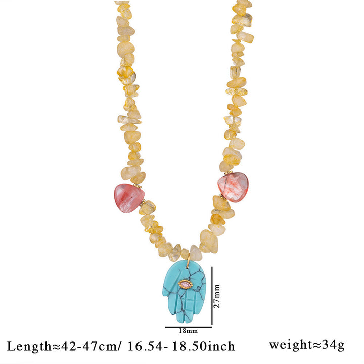 Olivenorma Irregular Crystal Bead Hamsa Pendant Necklace - Citrine & Turquoise & Red Smelting Quartz - image 4