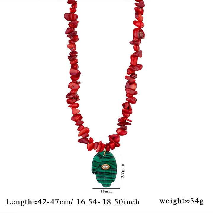 Olivenorma Irregular Crystal Bead Hamsa Pendant Necklace - Malachite & Red Coral - image 14