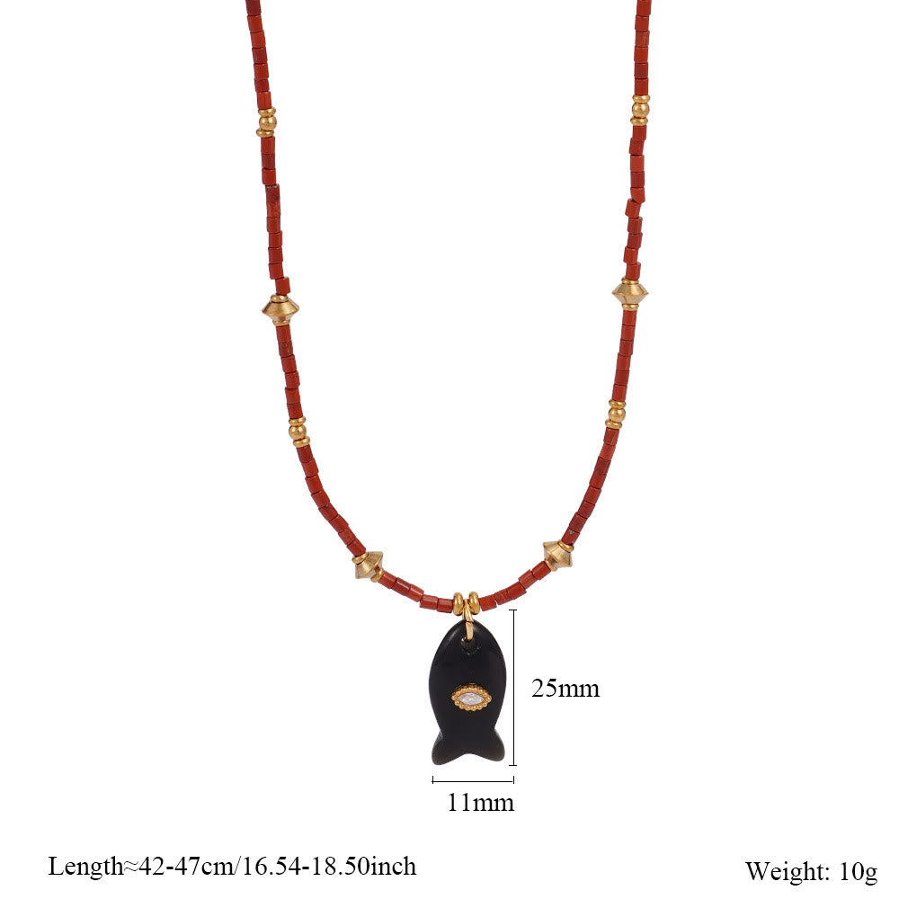 Olivenorma Natural Stone Beads Fish Carving Pendant Necklace - Black Onyx - image 1