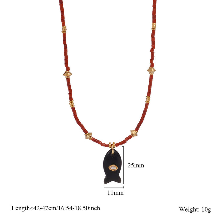 Olivenorma Natural Stone Beads Fish Carving Pendant Necklace - Black Onyx - image 1