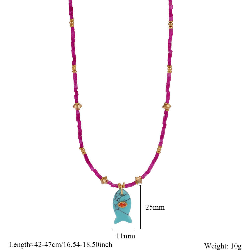 Olivenorma Natural Stone Beads Fish Carving Pendant Necklace - Turquoise - image 13