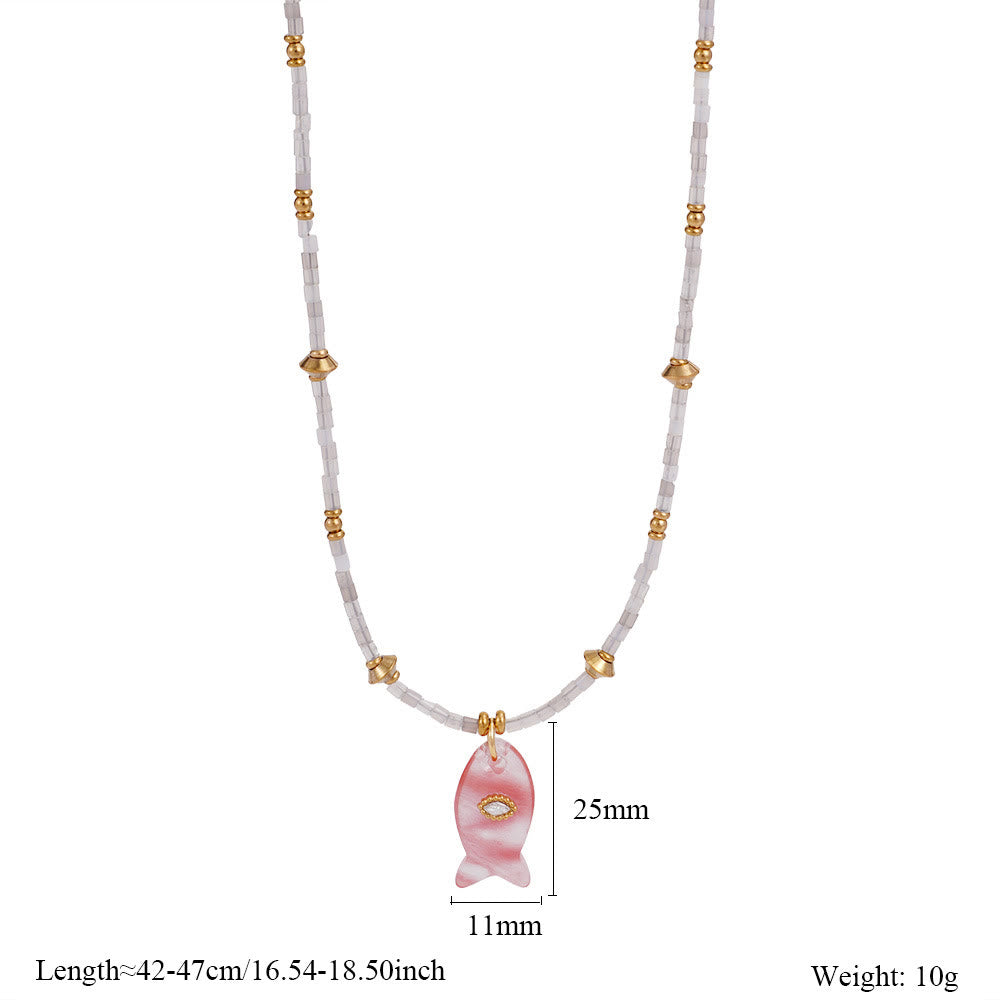 Olivenorma Natural Stone Beads Fish Carving Pendant Necklace - Red Smelting Quartz - image 7