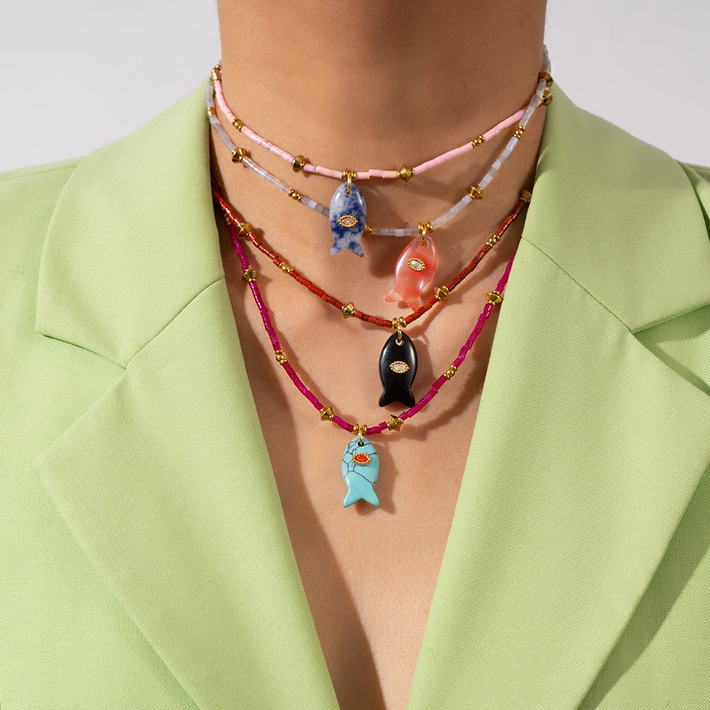 Olivenorma Natural Stone Beads Fish Carving Pendant Necklace - image 0