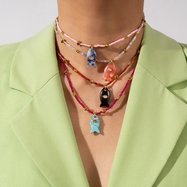 Olivenorma Natural Stone Beads Fish Carving Pendant Necklace - image 0