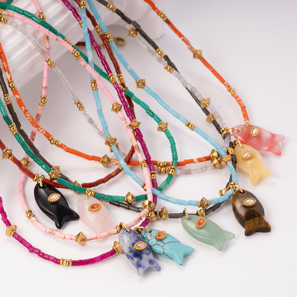 Olivenorma Natural Stone Beads Fish Carving Pendant Necklace - image 18