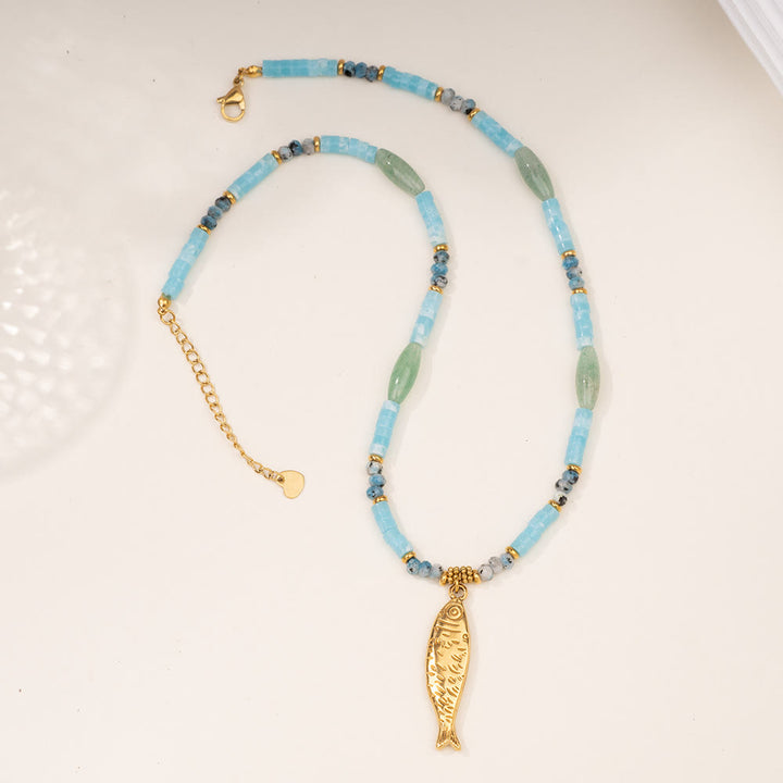 Olivenorma Crystal Beads Stainless Steel Fish Pendant Necklace - Green Aventurine & Larimar - image 10