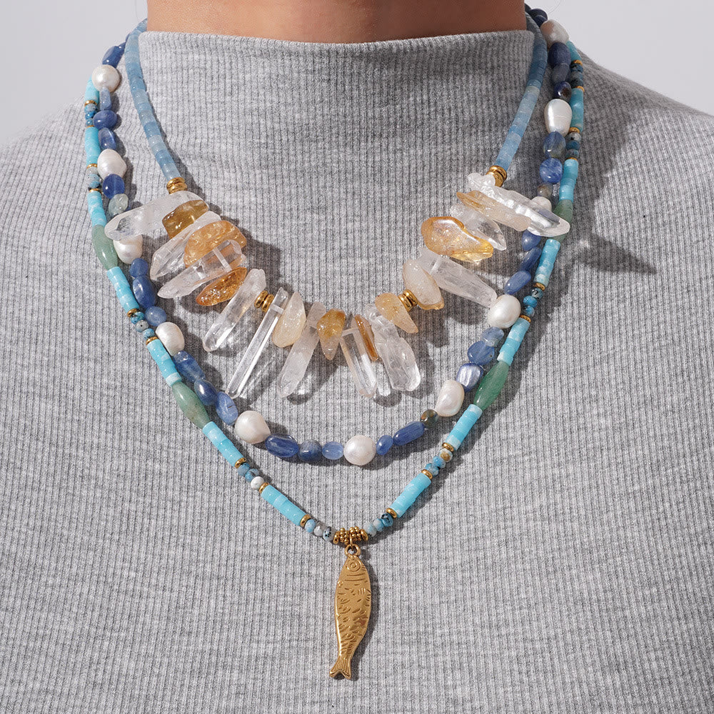 Olivenorma Crystal Beads Stainless Steel Fish Pendant Necklace - image 0