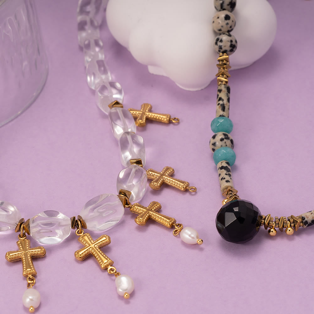 Olivenorma Dalmatian Jasper Clear Crystal Beaded Cross Pendant Necklace - image 8