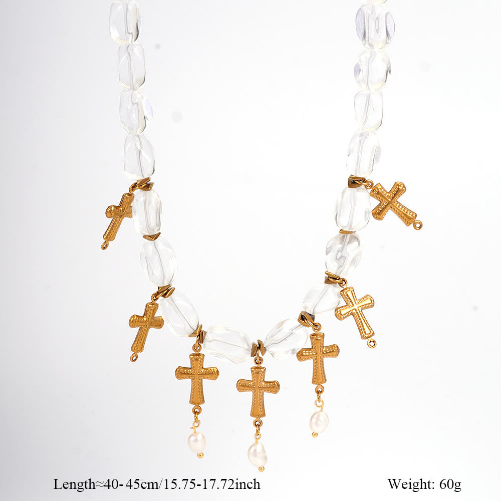 Olivenorma Dalmatian Jasper Clear Crystal Beaded Cross Pendant Necklace - Freshwater Pearl & Clear Crystal - image 5