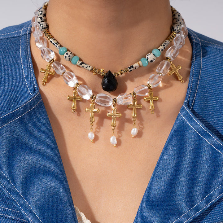 Olivenorma Dalmatian Jasper Clear Crystal Beaded Cross Pendant Necklace - image 0