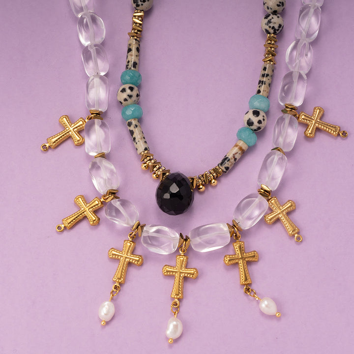 Olivenorma Dalmatian Jasper Clear Crystal Beaded Cross Pendant Necklace - image 9
