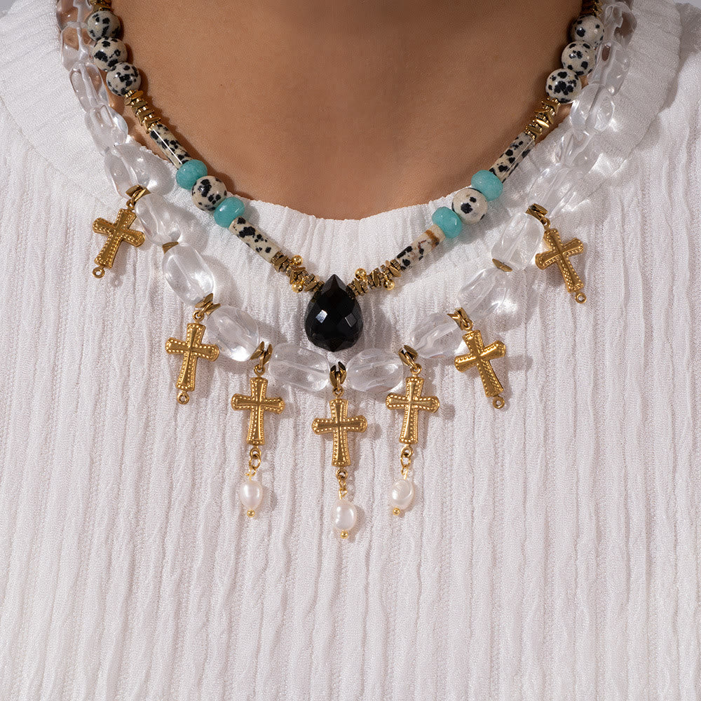 Olivenorma Dalmatian Jasper Clear Crystal Beaded Cross Pendant Necklace - image 10