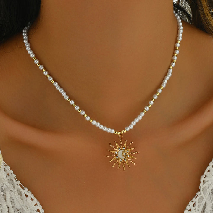 Olivenorma Natural Crystal Beads Sun Evil Eye Pendant Necklace - Pearl - image 10