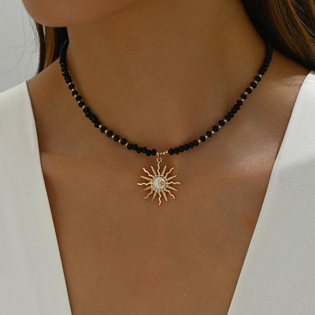 Olivenorma Natural Crystal Beads Sun Evil Eye Pendant Necklace - Obsidian - image 4