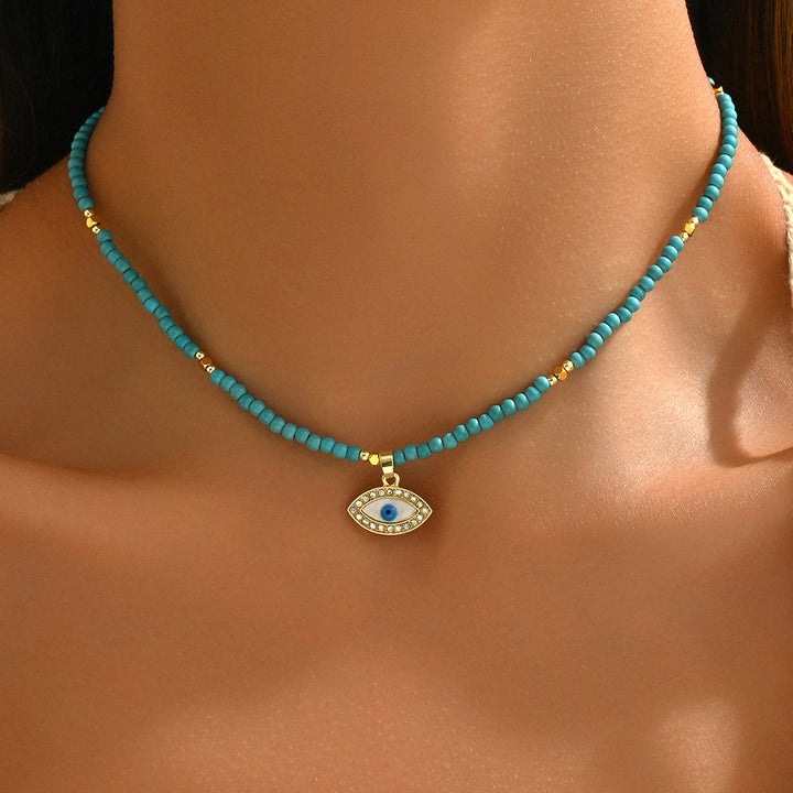 Olivenorma Natural Crystal Beads Sun Evil Eye Pendant Necklace - Turquoise - image 6