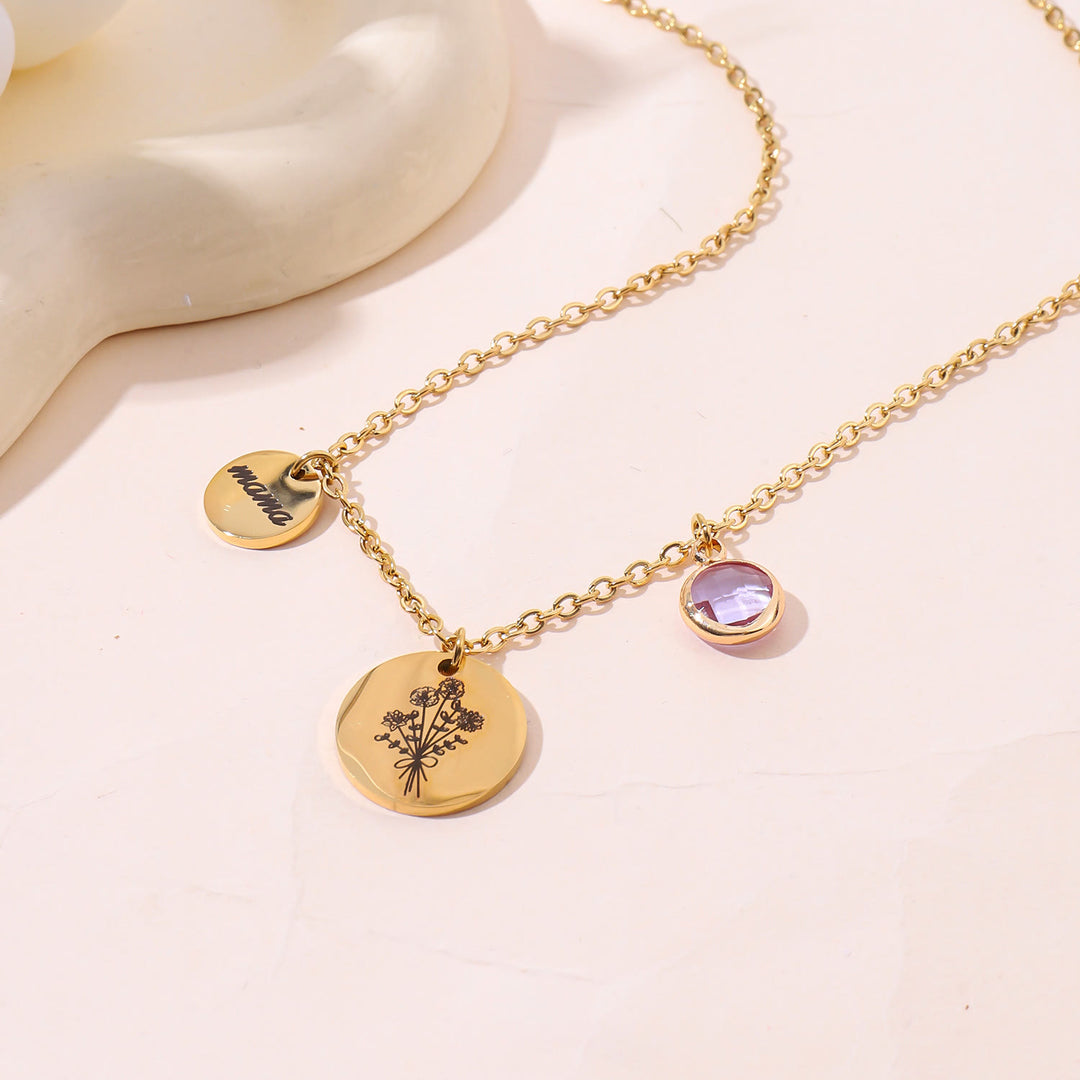 Olivenorma Custom Birth Flower Birthstone Stainless Steel Necklace - Golden - 1 - 1 Birthstone - image 1