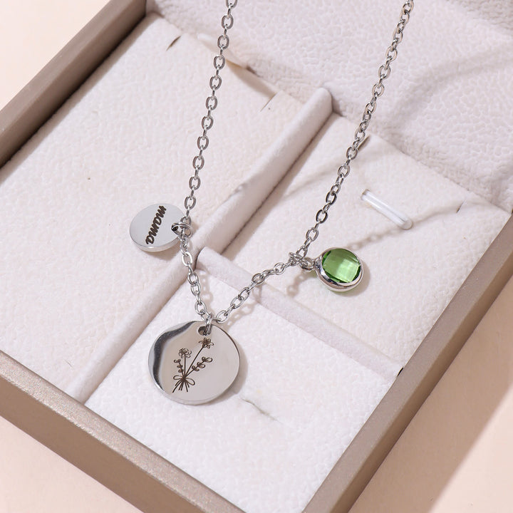 Olivenorma Custom Birth Flower Birthstone Stainless Steel Necklace - Silver - 1 - 1 Birthstone - image 3