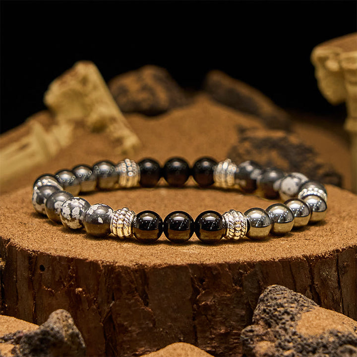 Olivenorma Snowflake Obsidian Hematite Beads Men Bracelet - Hematite & Obsidian & Snowflake Obsidian - image 0