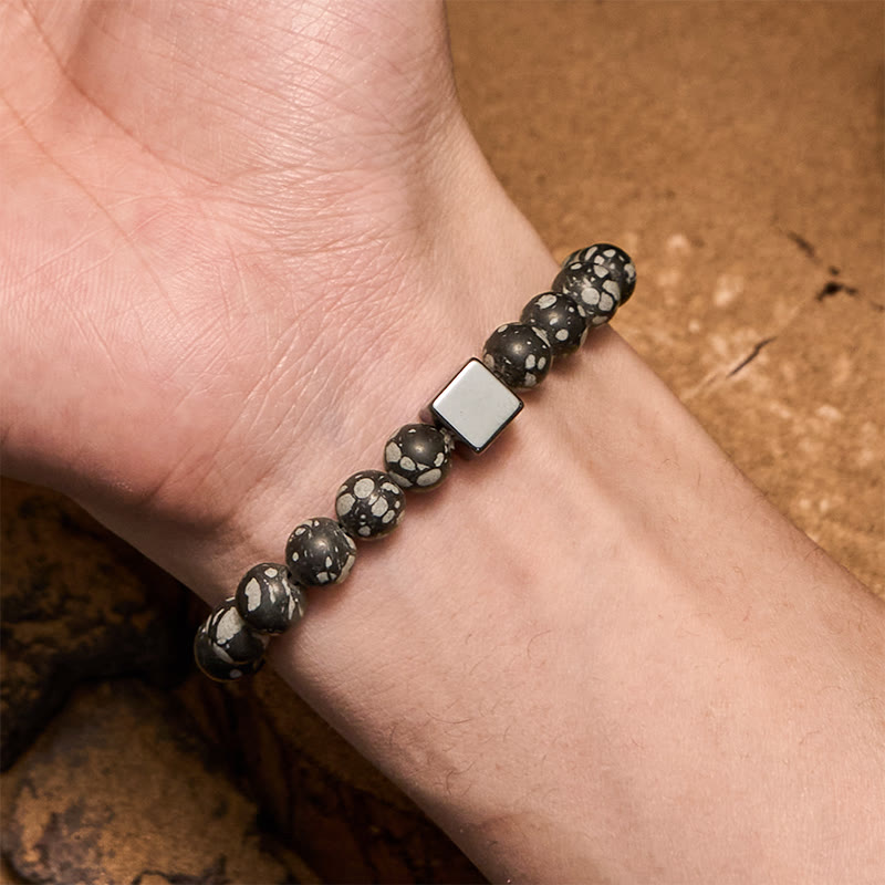 Olivenorma Snowflake Obsidian Square Cut Hematite Bead Bracelet - image 1