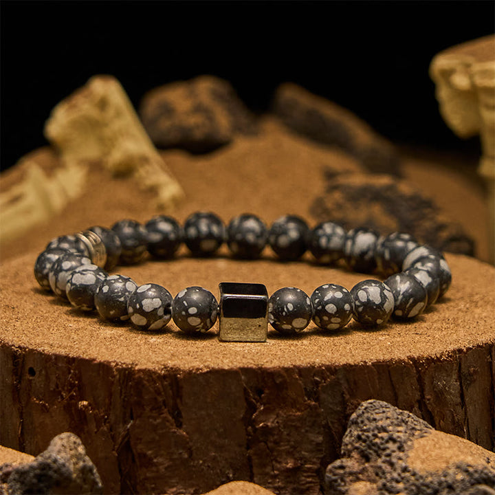 Olivenorma Snowflake Obsidian Square Cut Hematite Bead Bracelet - Hematite & Snowflake Obsidian - image 0