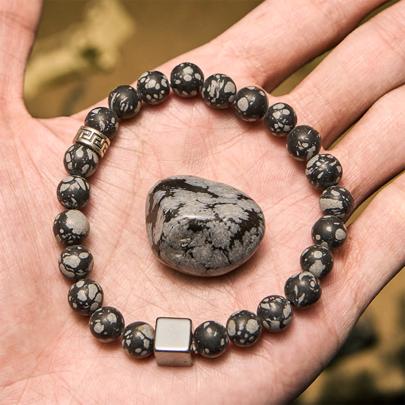 Olivenorma Snowflake Obsidian Square Cut Hematite Bead Bracelet - image 2