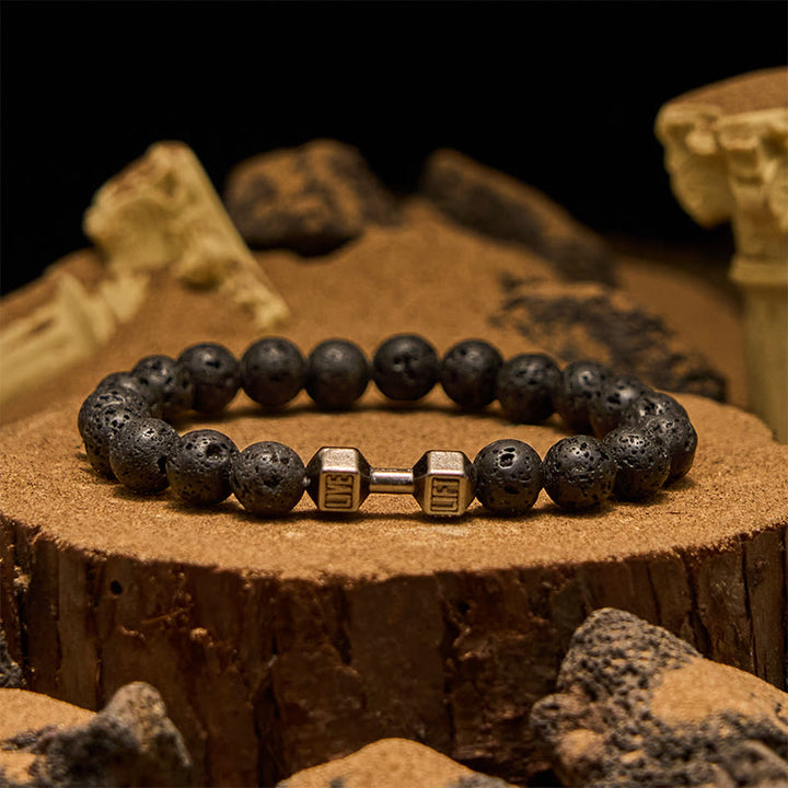 Olivenorma 8mm Natural Stone Dumbbell Pendant Beaded Bracelet - Lava Stone - image 0