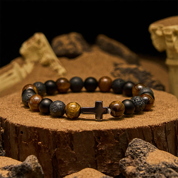 Olivenorma Tiger Eye Lava Stone Beads Cross Bracelet - Natural Stone - image 0