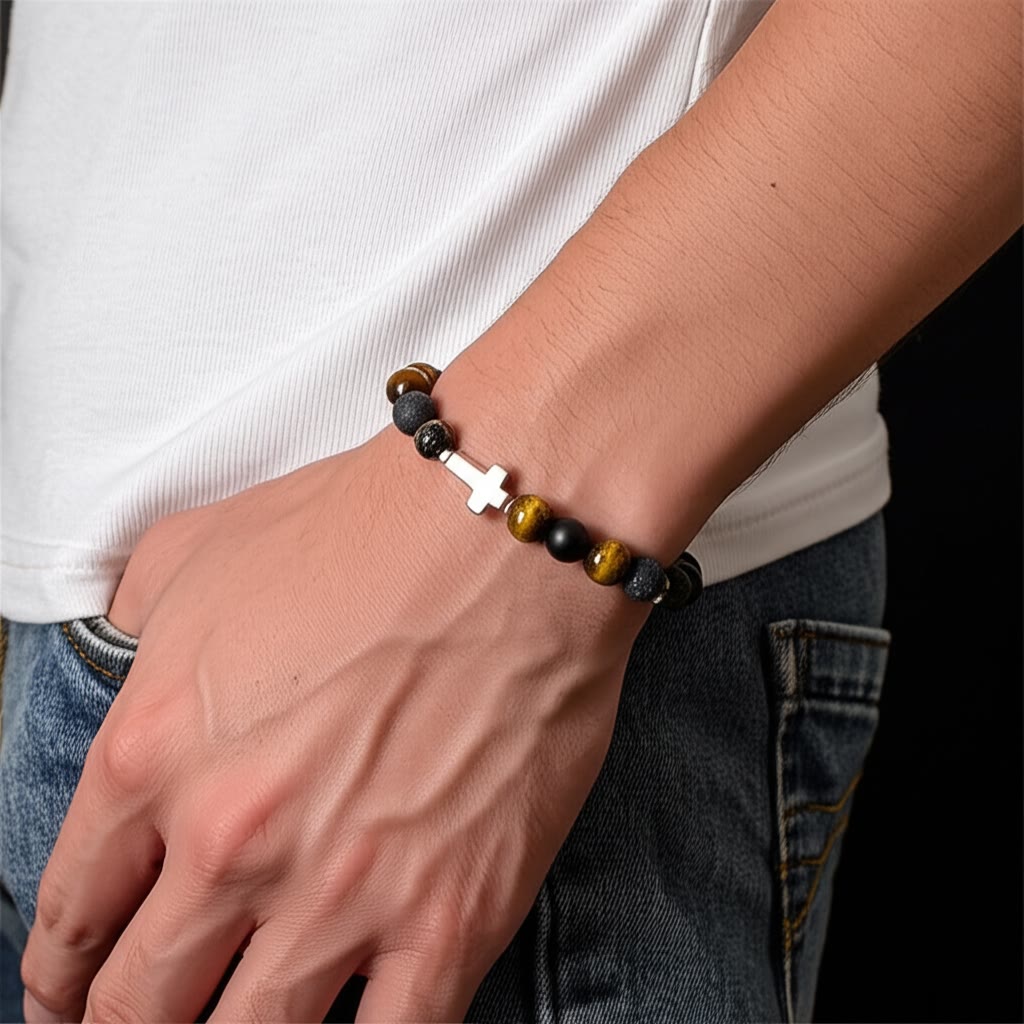 Olivenorma Tiger Eye Lava Stone Beads Cross Bracelet - image 2