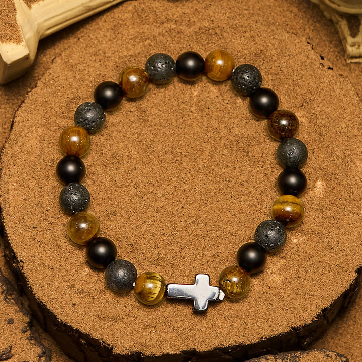 Olivenorma Tiger Eye Lava Stone Beads Cross Bracelet - image 5