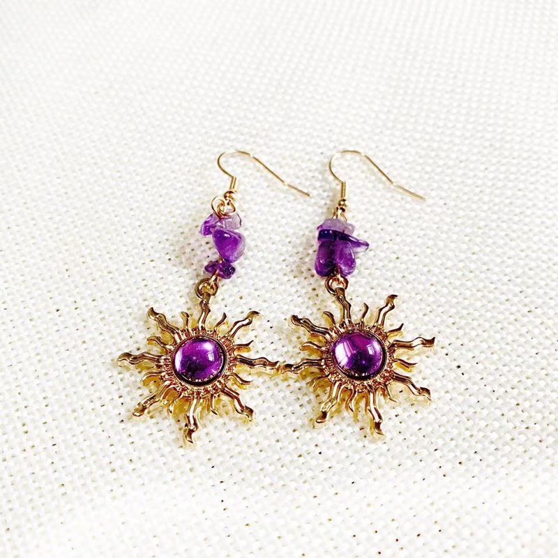 Olivenorma Natural Amethyst Gravel Beads Sun Earrings - Amethyst - image 0