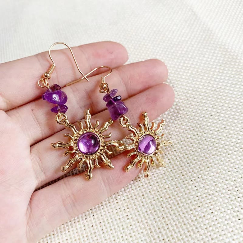 Olivenorma Natural Amethyst Gravel Beads Sun Earrings - image 1