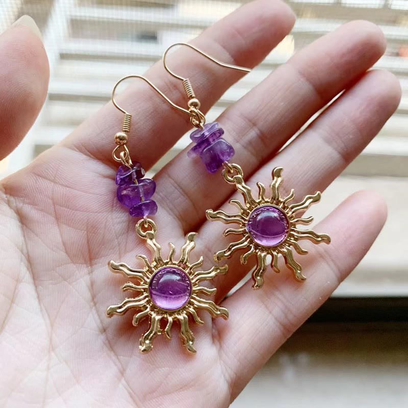 Olivenorma Natural Amethyst Gravel Beads Sun Earrings - image 3