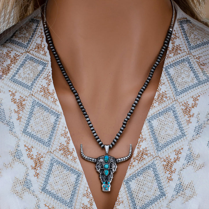 Olivenorma Natural Stone Beads Turquoise Bull Head Pendant Necklace - Turquoise - image 0