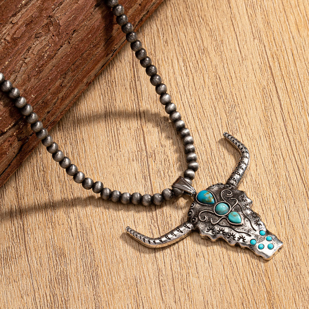 Olivenorma Natural Stone Beads Turquoise Bull Head Pendant Necklace - image 2