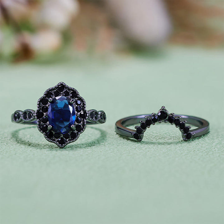 Olivenorma Black Gold Oval Sapphire Floral Bridal Set - image 5